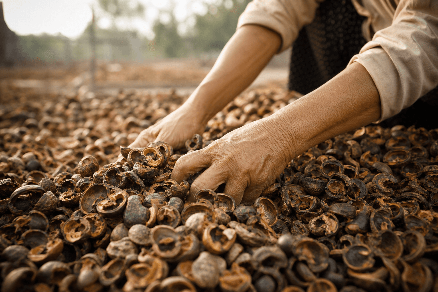 Upcycled cashew shells being processed in rural Vietnam